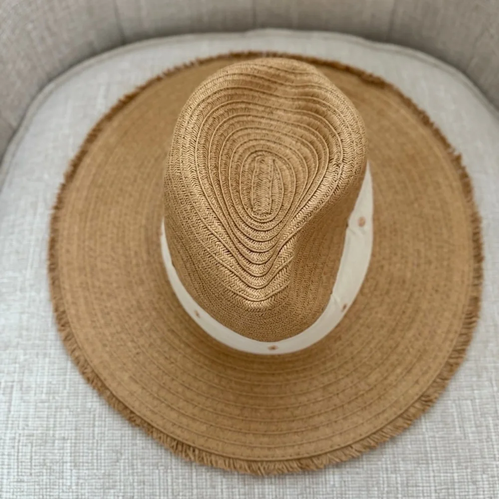 Kensie Tan Straw Sun Hat with Gold Thread Polka Dots on Cream Colored Hat Band